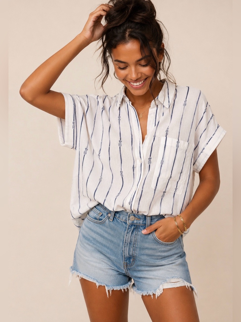 Rails White Button-Down Top in Pineapple Blue Stripe Colorway w Cuff Cap Sleeves